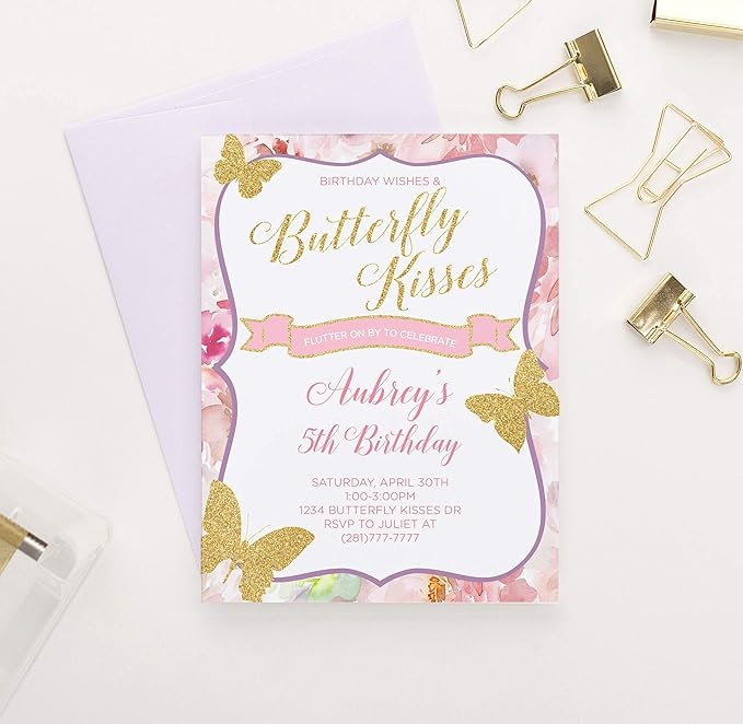 Modern Pink Paper Personalized Butterfly Birthday Invitations for Girls, Your choice of Quantity, Age, Info and Envelope Color