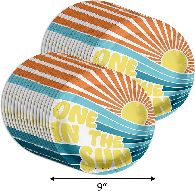 One In the Sun Summer First Birthday - 32 Piece Disposable Party Supplies - Decorations for Boy's 1st Birthday Round Party Plates - Large 9" Paper Plates In Bulk