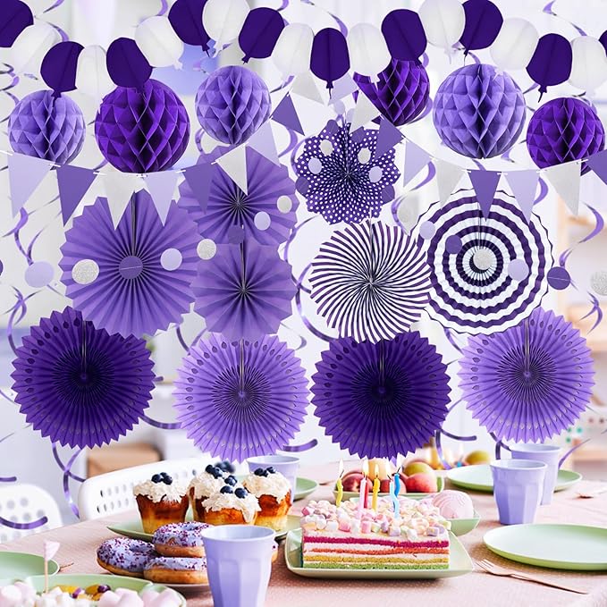 Purple Party Decorations, Birthday Party Supplies Easy Assembly Paper Fan Honeycomb Ball Garland Hanging Swirl for Graduation Birthday Baby Shower Bridal Shower Wedding Party Decorations