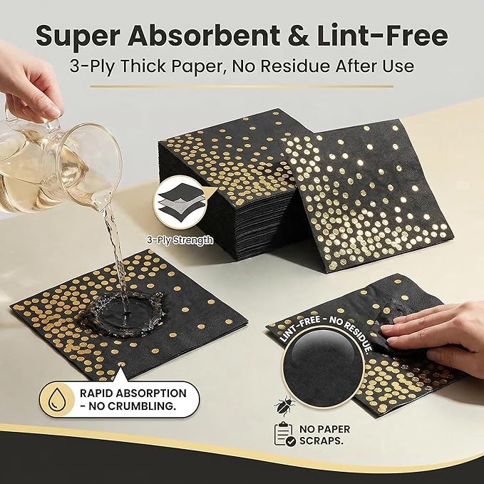 100 Pack Balck Gold Cocktail Napkins with Gold Foil Polka Dot, 3-Ply Party Paper Napkins, 5 x 5 Inches Bar Napkin Disaposable for Weddings, Birthdays, Baby Showers, Anniversaries, and Cocktail Parties