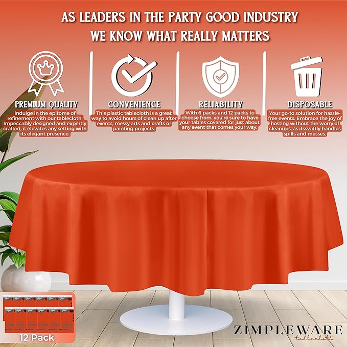 ZIMPLEWARE Premium Orange Plastic Table Cloth Disposable (12 Pack) Round Tablecloth (84in) Party Table Cloths Disposable, Perfect Table Cloth Round Cover for Any Table Up to 6 Feet