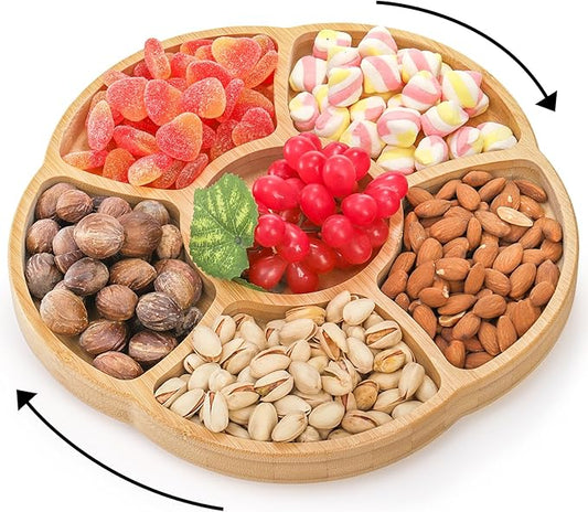 Cididu 12'' Lazy Susan Serving Tray, Bamboo Food Tray, Appetizer Divided Serving Platter Dishes, 360° Rotating Relish Party Tray, 6 Compartments Bamboo Tray for Snack Nut Fruit Veggie Chip and Dip
