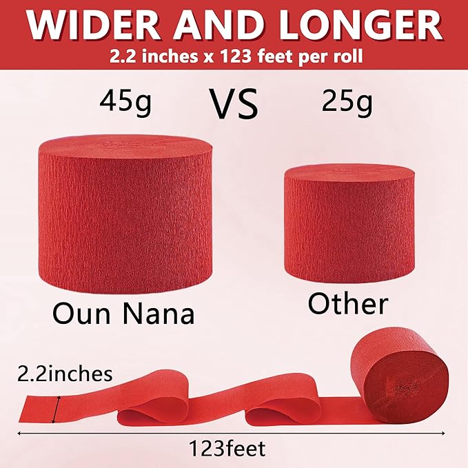 Crepe Paper Streamers 6 Rolls Red Streamers 2.2 Inches 738 Feet, Streamers Party Supplies DIY Crafts for Birthday, Wedding, Baby Shower, Bachelorette Party, Graduations Decorations, Red