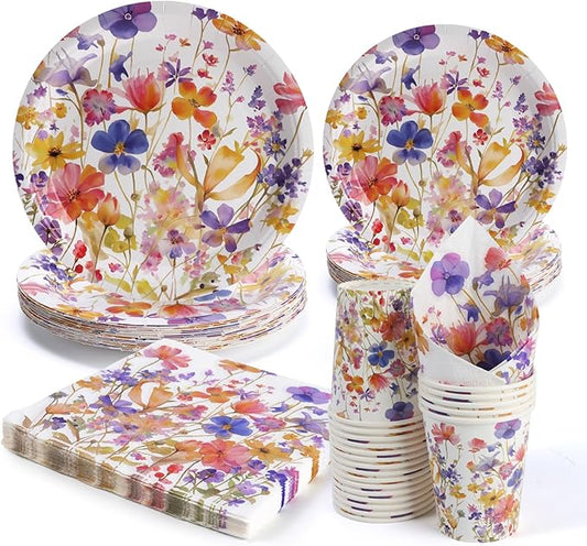 80 PCS Floral Paper Plates, Floral Wildflower Paper Plates and Napkins Party Supplies for Birthday Bridal Shower Picnic Tea Time, Serve for 20 Guests
