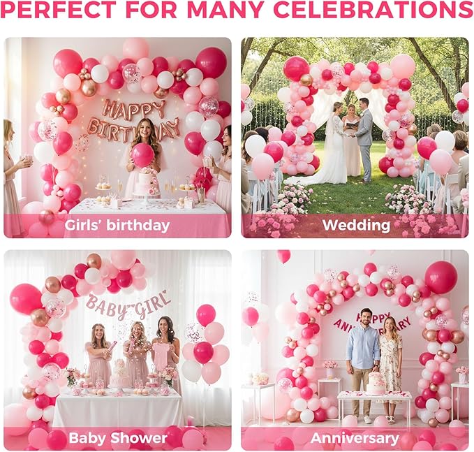 LovesTown Rose Pink Balloon Garland Kit, 150PCS Arch Kit Confetti Pink Metallic Latex Balloons for Wedding Engagement Birthday Party Decorations (Pack of 2)