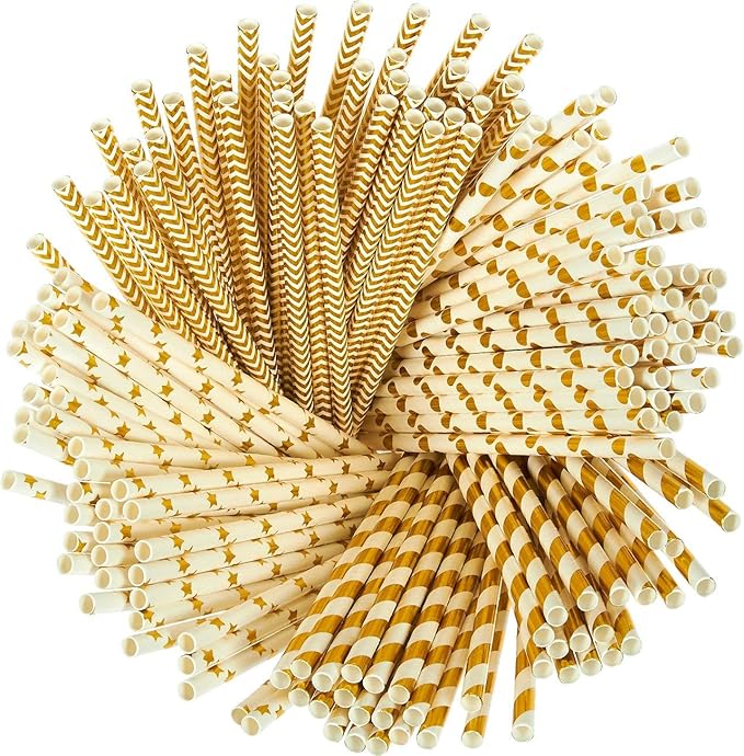 100 Pack Gold Straws, Biodegradable Paper Straws, Metallic Foil Striped/Wave/Heart/Star Straw for Party Supplies, Birthday, Wedding, Bridal/Baby Shower Decorations and Holiday Celebration