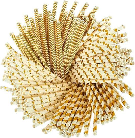 100 Pack Gold Straws, Biodegradable Paper Straws, Metallic Foil Striped/Wave/Heart/Star Straw for Party Supplies, Birthday, Wedding, Bridal/Baby Shower Decorations and Holiday Celebration