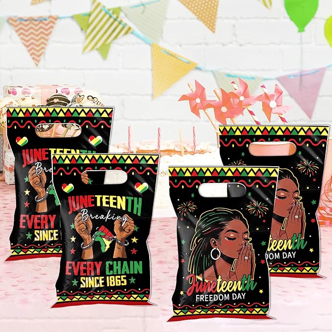 MOIZYNG 50Pcs Juneteenth Gift Bags with Handles, Black Juneteenth Freedom Day Plastic Candy Treat Goodie Bags for African American Independence Day Party Favors Supplies