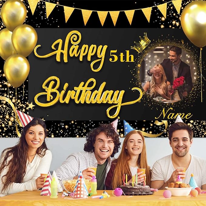 Custom Black and Gold Happy Birthday Party Decorations Supplies Personalized Black and Gold Birthday Backdrop Banner(4x6ft)
