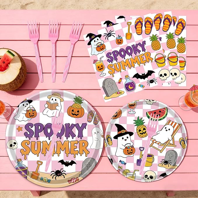 Gameza Summer Halloween Party Decorations - 96PCS Happy Summer Halloween Party Plates Napkins and Forks Disposable Tableware Set, Ghost Spooky Ween Vibes Holiday Party Supplies Decor, Serve 24