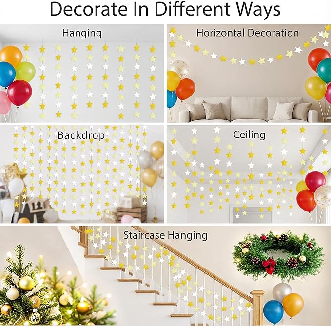 Glitter Gold, Light Gold & White Iridescent Star Garland 90FT, 240pcs Hanging Glitter Star Banner Backdrop for Birthday, Baby Shower, Wedding & Christmas Party Decorations (6 Packs)