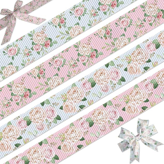 Floral Grosgrain Ribbon, 4 Pack (7/8" x 5 Yards Each), Vintage Rose Flower Printed Ribbons for DIY Hair Bows, Wedding Decorations, Gift Wrapping, Crafts, Party Supplies