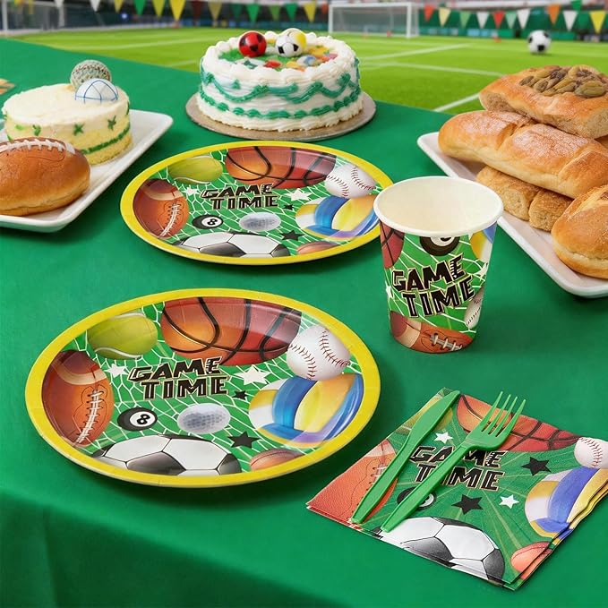 144Pcs Sport Ball Birthday Party Supplies Decorations Ball Themed Paper Plates Napkins Vintage Party Tableware Disposable Dinnerware for Men Boy Birthday Baby Shower Table Decor, Serve 24