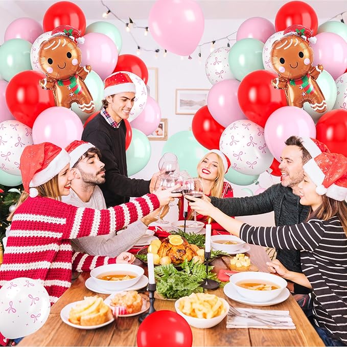Christmas Balloons, 60pcs Pink and Red Green Balloons with Gingerbread Man Foil Xmas Balloon, Pastel Green Red and Pink Bow White Balloon for Christmas Party Decorations Birthday New Year Supplies