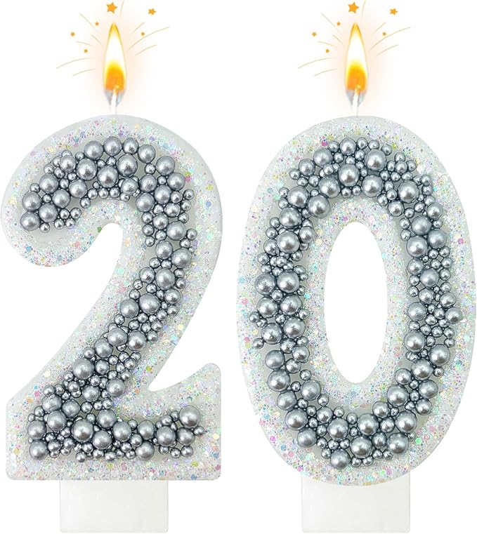 20 Birthday Number Candle for Cake, Glitter Number Candle with Silver Beads, Decorative Cake Topper for Milestone Celebrations