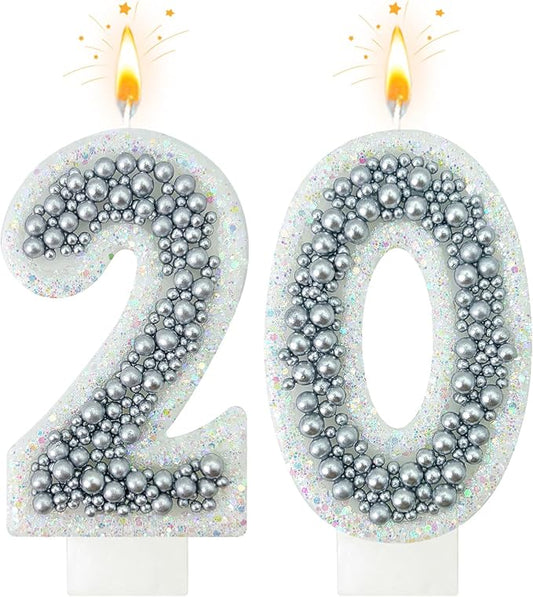 20 Birthday Number Candle for Cake, Glitter Number Candle with Silver Beads, Decorative Cake Topper for Milestone Celebrations