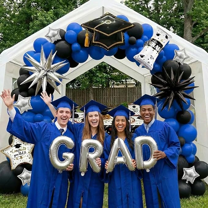 Blue Black Silver Graduation Balloon Garland Arch Kit with Graduation Star print Certificate Letter Foil Balloons for Graduate Class of 2026 Grad Prom party Decorations Supplies