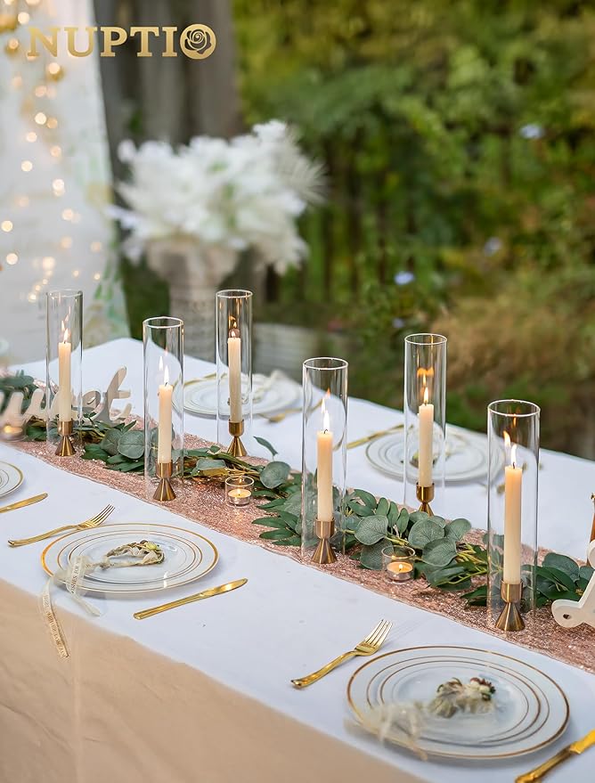 NUPTIO Gold Candlestick Holder Bulk: Set of 12 Brass Taper Candle Stick Holders - Small Aluminium Candleholder for Thanksgiving Birthday Christmas Decor