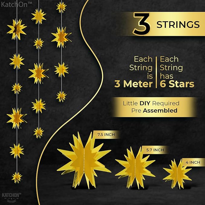 KatchOn, Gold Star Garland - 30 Feet, Pack of 3 | 3D Hanging Garland for Gold Graduation Decorations 2026, Golden Birthday Party Decorations | Star Decorations, Golden Party Decor, Engagement Decor
