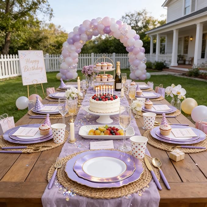 WDF 60pcs Purple Plates Disposable with Gold Rim - Baroque Light Purple Plastic Plates - Lavender Plates for Spring/Wedding/Birthday