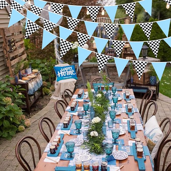 32Ft Racing Party Decorations Blue Black White Checkered Racing Car Fabric Banner Triangle Flag Pennant Garland Streamers for Boys Car Birthday Party Supplies Baby Shower NASCAR Picnic Outdoor Decor