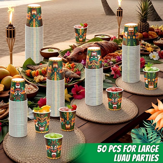 50 Pcs Tiki Cups 9 oz Disposable Tiki Bar Cups Bulk Vintage Paper Hawaiian Luau Party Decorations for Kids Adults Beach Summer Swimming Pool Tropical Aloha Drinking Supplies