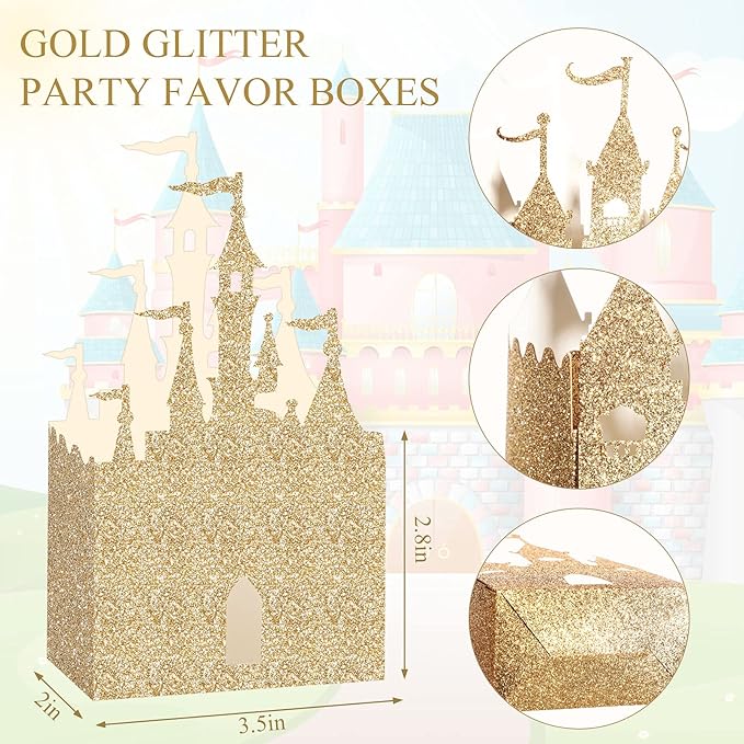 Geiserailie 20 Pieces Castle Box Princess Candy Box Glitter Castle Favor Treat Gift Princess Party Decorations Baby Shower Wedding Supplies(Gold)