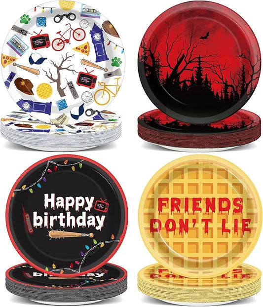 48Pcs Spooky Rustic Alphabet Party Supplies 7In Spooky Forest Birthday Paper Plates Disposable Retro Light Bulbs Pancake Dessert Plate Tableware for Halloween Horror 80s Birthday Decorations Favor