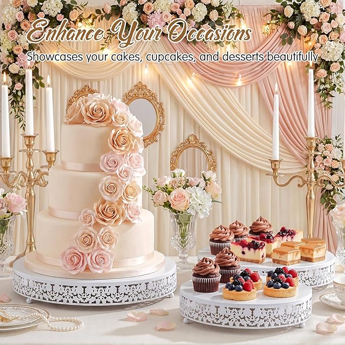 Wenqik 3 Pcs 16'' 14'' 12'' Metal White Cake Stand Round Cake Stands for Dessert Table Cookies Fruit Serving Tray Cupcake Dessert Pastry Riser for Wedding Birthday Party and Events (Traditional Style)