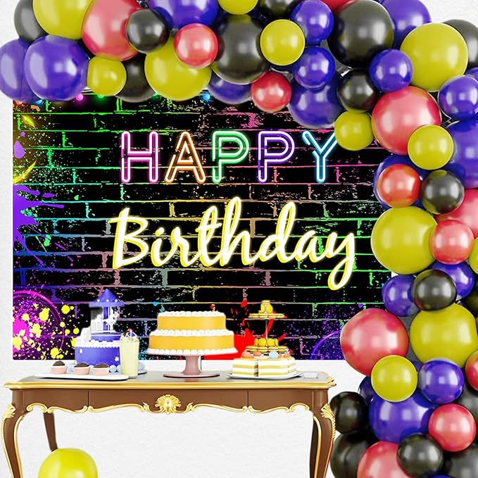 Mocsicka Glow Birthday Backdrop Neon Glow-in-the-Dark Party Banner Decoration Glowing Crazy Rainbow Birthday Photo Backdrop Photo Prop (Glowing design, but not really glowing) (7x5 feet (82x60 inches)