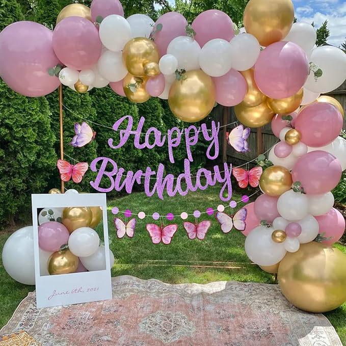 Pre-Strung Happy Birthday Banner, NO DIY Birthday Decorations with Circle Dot Garland and Butterflies, Happy Birthday Party Decorations for Women Girls (Purple)