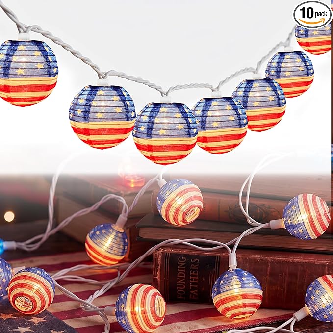 American Flag Lantern Lights Plug in, 8.5Ft 4th of July Decorations String Lights with 10 Mini USA Flag Lantern Lights, Hanging Indoor String Lights for Outdoor Independence Day Patriotic Party Decor
