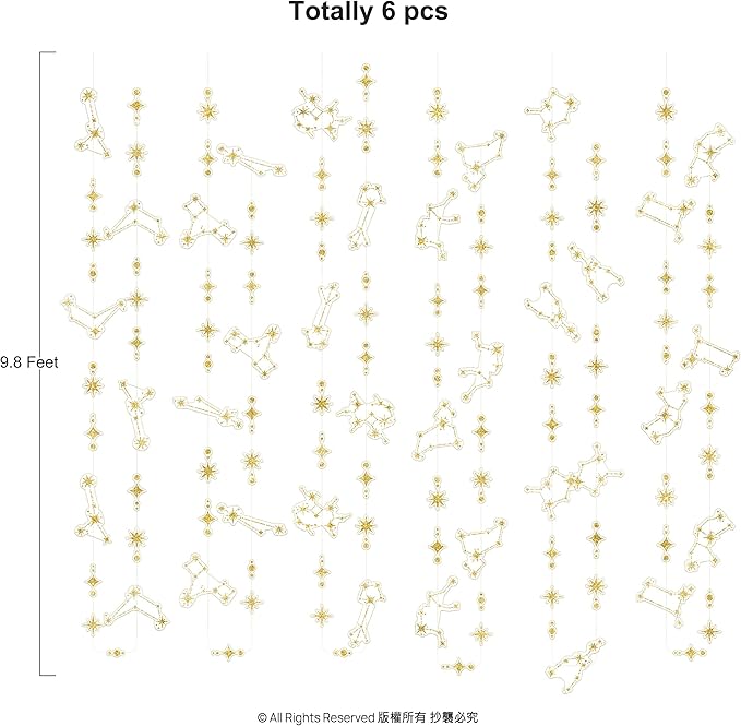 Cheerland Glitter Celestial Party Decorations Constellation Birthday Decoration Star Garlands Witchy Backdrop Astrology Decor Zodiac Theme Banner Hanging Stars Streamer Galaxy Party Suppplies (Gold)