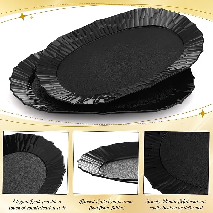 12 Pcs Black Plastic Serving Tray Bulk, 14.5" x 8.6" Rectangle Black Party Platters Reusable Decorative Dessert Table Serving Trays for Graduation Wedding Birthday Party Cupcake Decoration