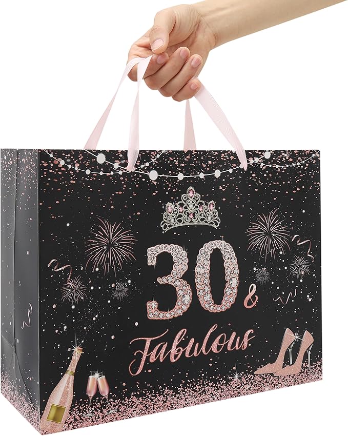 wishinside 13'' Large 30th Birthday Gift Bag Set with Handles, Greeting Card, Pink Tissue Papers and Stickers for 30 Year Old, Her, Women, Sister, Daughter, Best Friend, Tiara Design, 1 Pcs