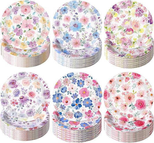 Funnymoom 60 Pcs 7 Inch Floral Paper Plates Watercolor Summer Flowers Disposable Dessert Plate Bouquet Meadow Party Decoration for Spring Bridal Baby Shower Wedding Birthday Tea Party Supplies