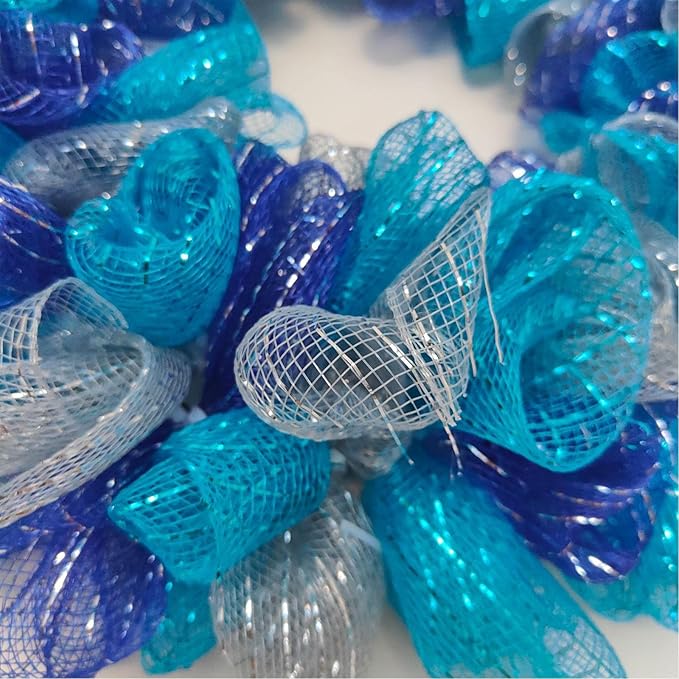 3 Rolls Blue Silver Deco Mesh Ribbon for Wreath Making Supplies, 10 Inch x 30FT Metallic Foil Burlap Deco Mesh Fabric for DIY Crafts Summer Christmas Door Wreath Swags and Decorating