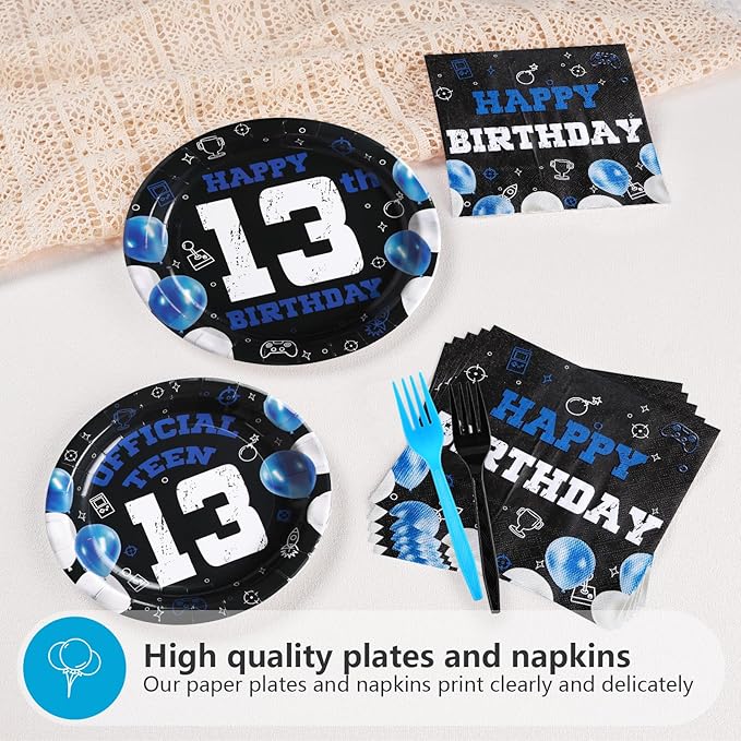 Grencian 96Pcs 13th Birthday Decorations for Boys Blue Black 13th Birthday Party Plates Disposable Official Teen 13 Tableware for Teen Boys Girls Happy 13 Year Old Party, Serves 24