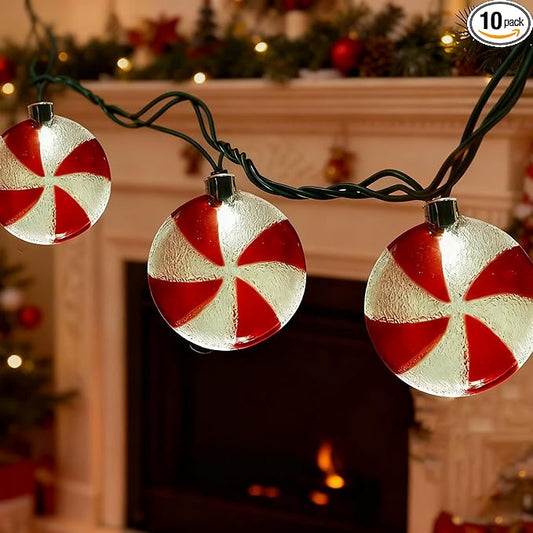 8.5Ft Christmas Candy String Lights, Old Fashioned Christmas Decorations Lights with 10 Red White Peppermint Candy Light Bulbs, Vintage Candy Ornaments Light for Xmas Tree Outdoor Indoor Party Decor