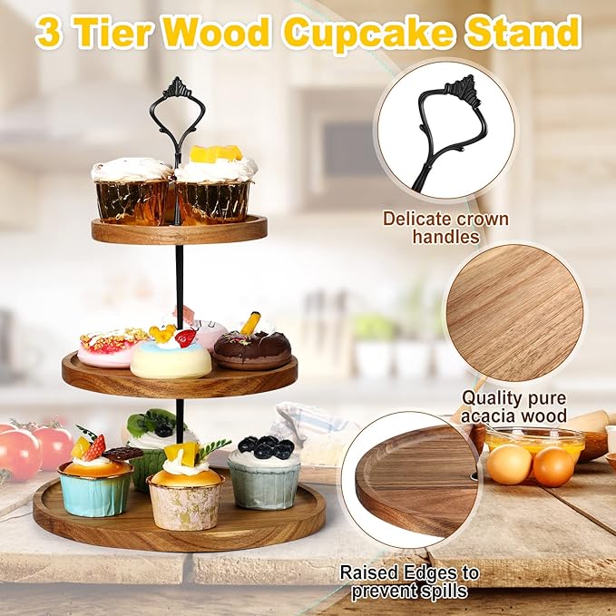 Zopeal 3 Set 3 Tier Wood Cupcake Stand,Rustic Wooden Serving Tray Farmhouse Dessert Display Tiered Cake Tower Holder for Kitchen Wedding Birthday Tea Party Decorations(Large(7.9''9.8''11.8''))