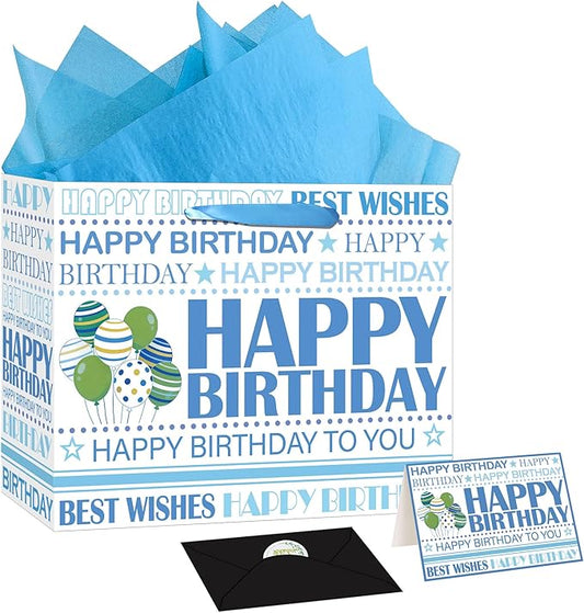Happy Birthday Gift Bag, White Blue Birthday Bag with Tissue Paper and Greeting Card & Envelope & Sticker, Bithday Wrapping Paper for Men Women, 12.6" Medium Gift Bags Birthday Gifts for Boys Girls (StyleB)