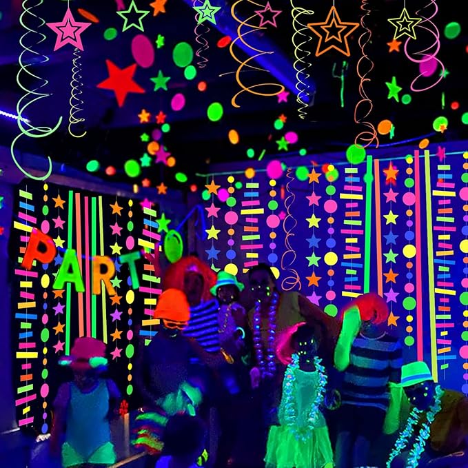 60feet Paper UV Neon Garland Neon Streamers Glow in The Dark Neon Party Supplies and Decorations Glow in The Dark Streamers Blacklight Reactive Fluorescent Black Light Party Kit for Birthday Wedding