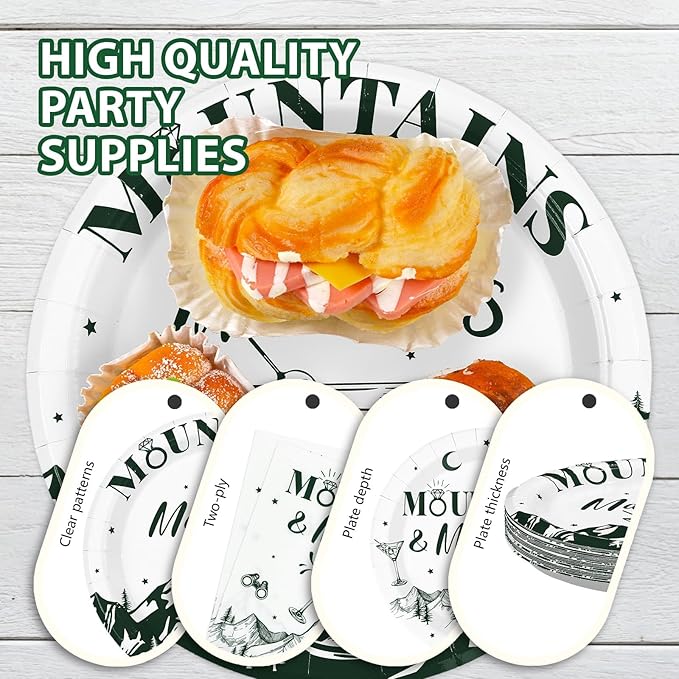 96Pcs Camp Bachelorette Decorations Green Tiny Bit Bridal Shower Plates and Napkins Mountains and Martinis Tableware Set for Camp Wedding Engagement Bachelorette Party Supplies, Serves 24