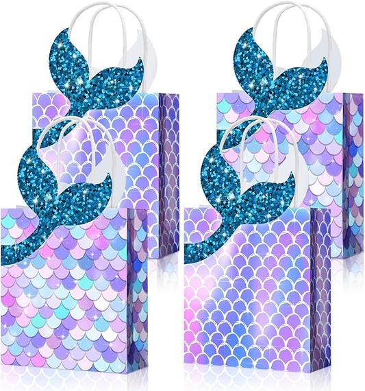 Leinuosen 32 Pcs Mermaid Party Favor Bags Mermaid Gift paper Bags with Handles Princess Theme Birthday Decoration Treat Candy wrap packs for Baby Shower Birthday Pool Party Supplies