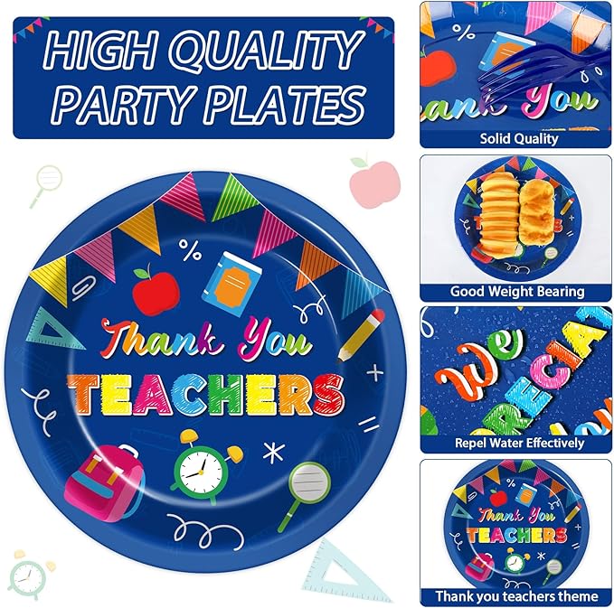 Qyeahkj 100 Pcs Thank You Teachers Decoration for We Appreciation You Paper Plate Napkin Set Graduation Be Thankful to Teacher Table Supplies Thank You Plates Teachers Day Tableware Decor Serves 25