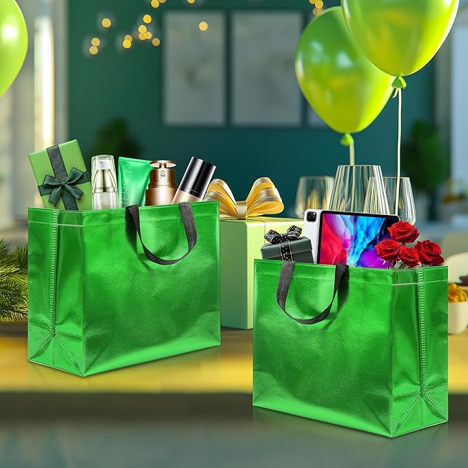 KeerxunBag 12Pcs Reusable Gift Bags（Includes Tissue Paper） Gift bag with handle Birthdays Parties Holidays Weddings Medium 13x5x11in Green Gift Bags