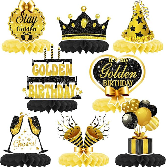 It's My Golden Birthday Honeycomb Centerpieces- Gold Happy Birthday Party Decorations for Teens, Women, Men - Golden Birthday Party Supplies for Girl or Boy, Golden Party Decorations Supplies