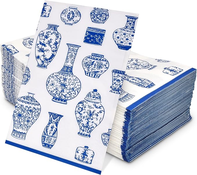 Gift Boutique 100 Blue Floral Vase Guest Napkins 3 Ply Disposable Paper Hand Towels for Bathroom Wedding Holiday Bridal Shower Birthday Party Decor