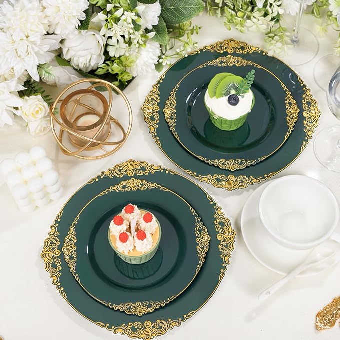 125PCS Green Plastic Plates - Green and Gold Disposable Plates - Fancy Vintage Plate with Gold Plastic Silverware Set for 25 Guests for Party Wedding Spring