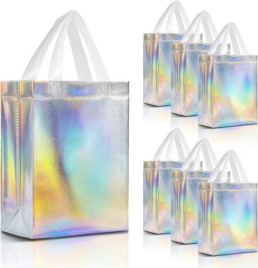 Nush Nush Holographic Bulk Gift Bags Medium Size - Set of 30 Reusable Iridescent Gift Bags with Handles - Goodie Bag for Birthdays, Weddings, Holidays, Valentines, Events - 8W x 4D x 10H